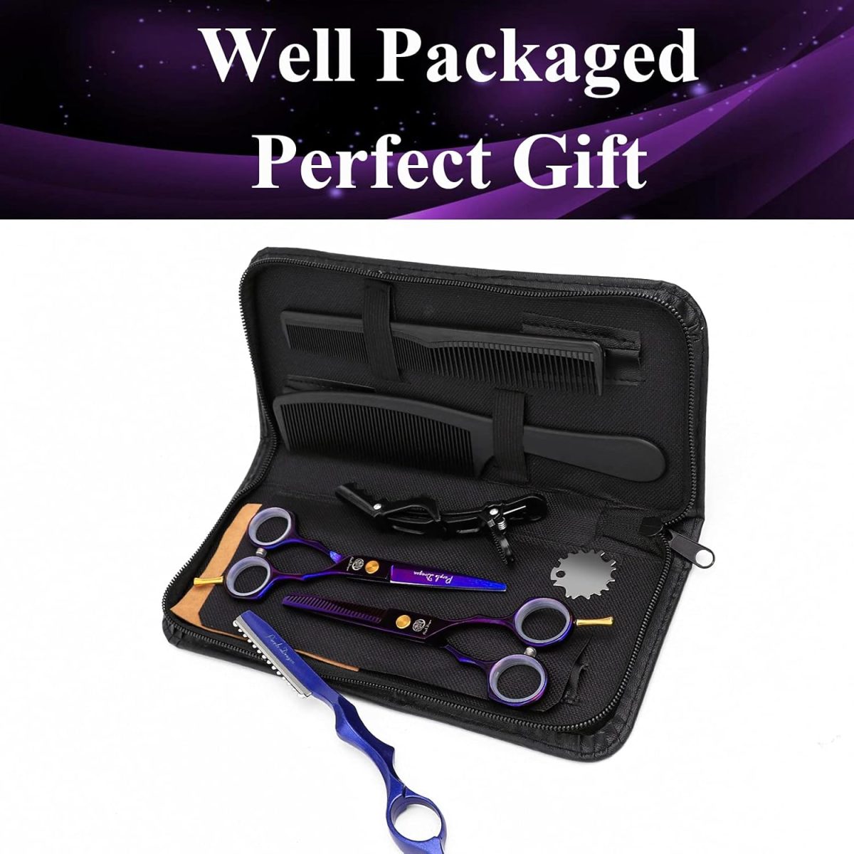 ⁦Purple Dragon 5.5 inch Hair Cutting Scissors Set with Razor, Leather Scissors Case, Barber Hair Cutting Shears Hair Thinning/Texturizing Shears for Professional Hairdresser or Home Use ()⁩ - الصورة ⁦8⁩