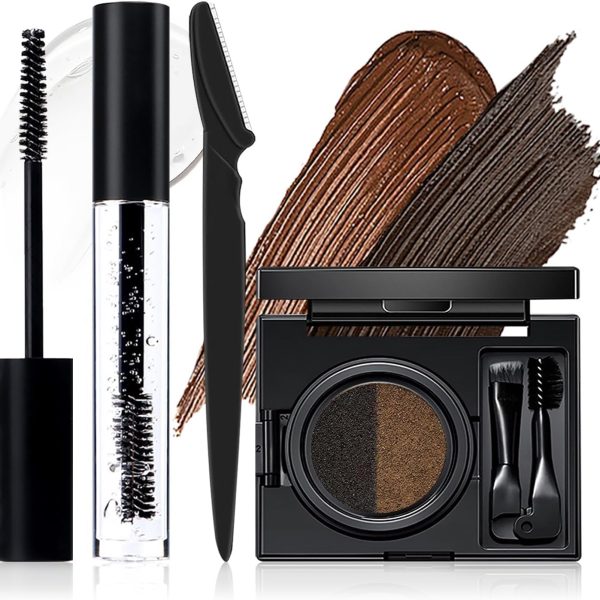 Azonee Air Cushion Eyebrow Gel Kit, Dark Brown and Light Brown Eyebrow Gel with Dual-Ended Eyebrow Brush, Clear Brow Gel, Trimmer, Long Lasting Waterproof Eyebrow Cream for Brow Shaping and Styling
