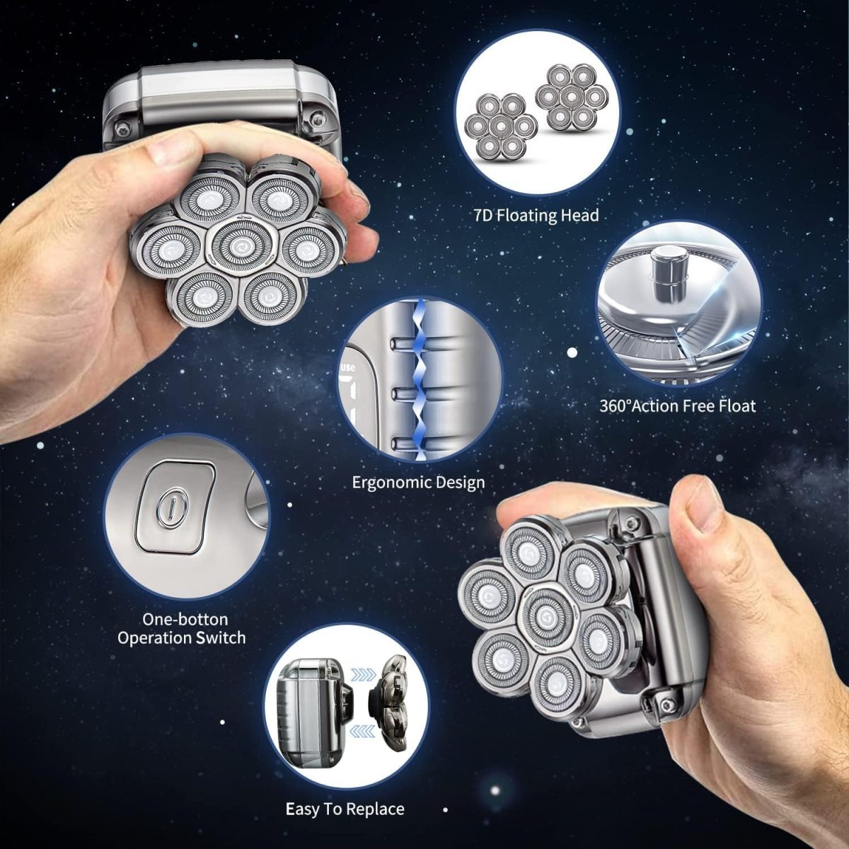⁦TERRIFI Bald Head Shavers for Men Waterproof Electric Rechargeable Balding Head Shaver Professional Anti-Pinch Shave Bald Head Wet&Dry Rotary Close Razor with Replaceable Grooming Shaving Heads⁩ - الصورة ⁦4⁩