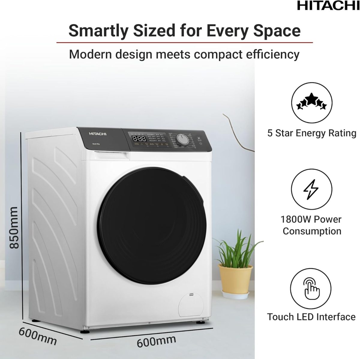 ⁦HITACHI – 9kg Front Load Washing Machine – Steam Wash, 16 Programs, Stain Removal, 5 Star Energy Rating – Inverter Motor, Anti-Wrinkle, Touch LED Panel – White⁩ - الصورة ⁦3⁩