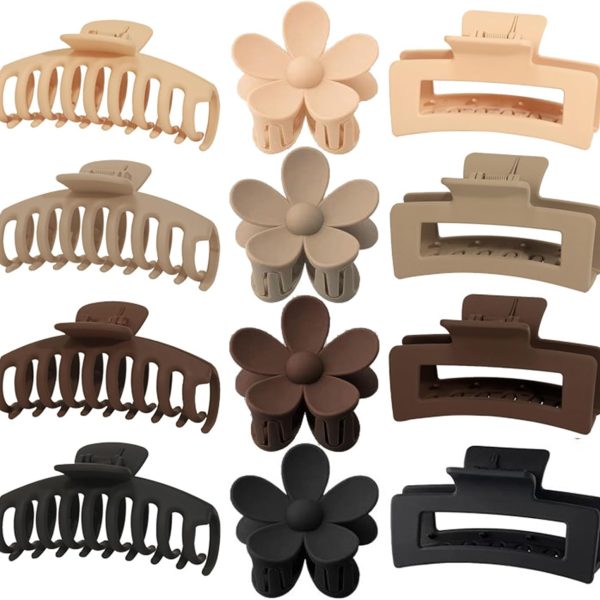 Large Hair Claw Clips Set, 12 Pack, Flower Design, Matte Plastic, 4 Colours, Strong Hold for Thick Hair (deep colour)