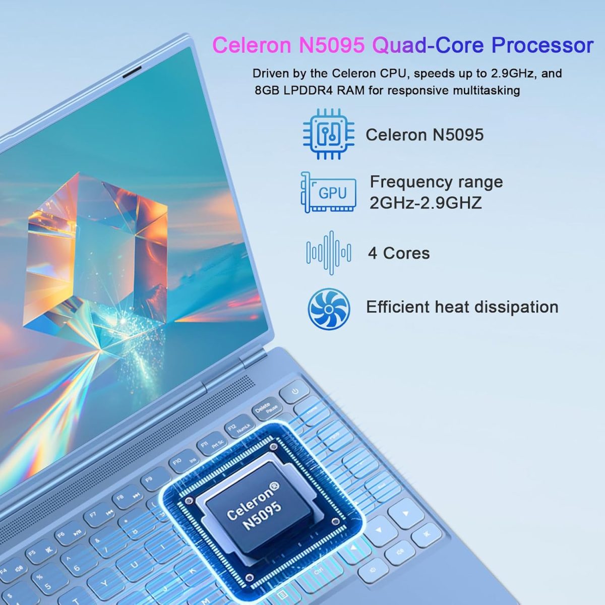 ⁦Laptop 14 Inch Celeron N5095 Up to 2.9Ghz, Win 11 Laptop with 8+256GB SSD Extension 1TB, Notebook Support 5G WiFi丨Bluetooth 4.2丨Cooling Fan丨1920*1200丨Mouse and Keyboard Protector-Blue⁩ - الصورة ⁦3⁩