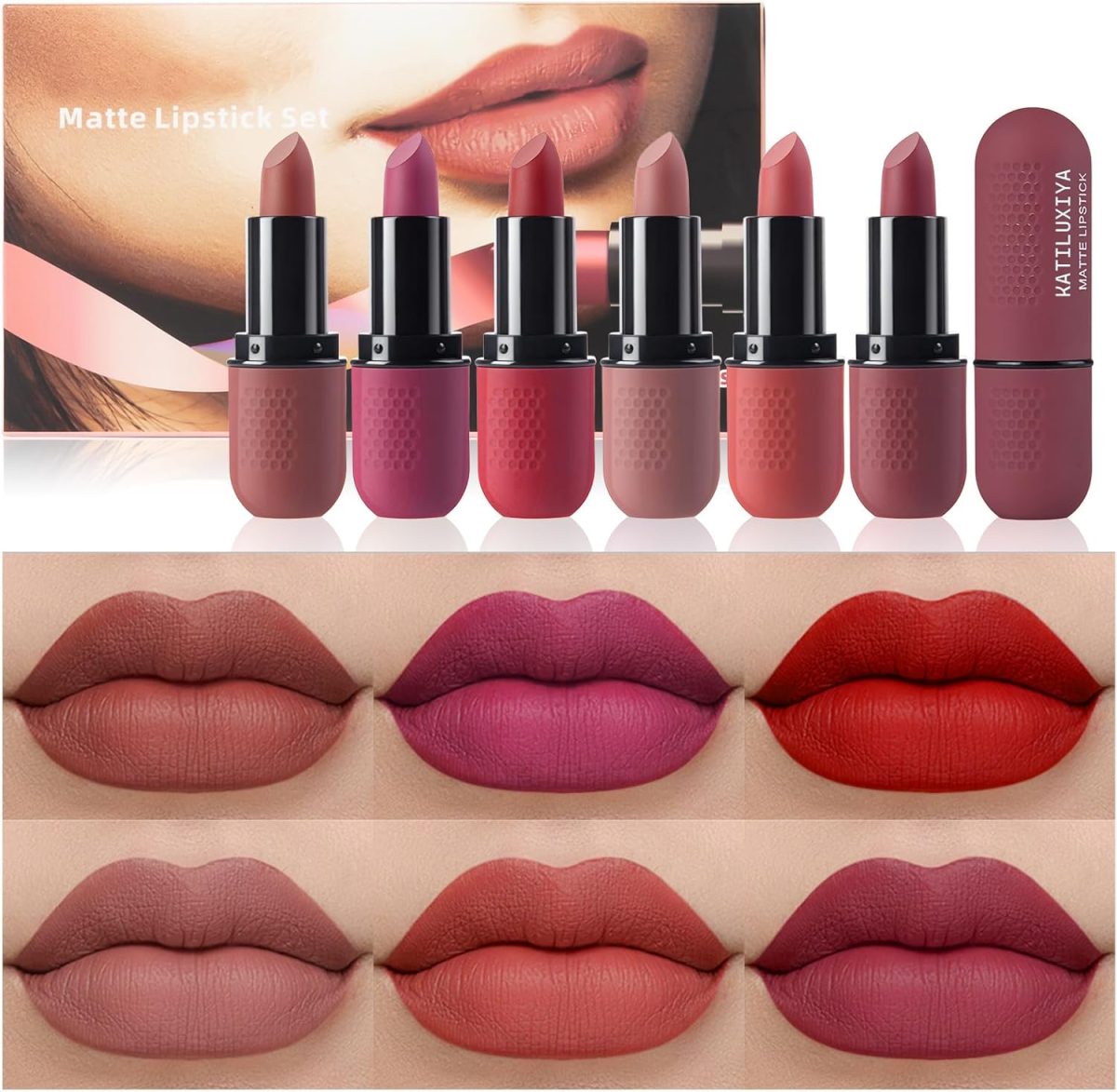 ⁦Katiluxiya 6Pcs Red Velvet Matte Lipstick Set, High Pigmented Long-Lasting Waterproof Lip Stick Lip,Moisturizing balms, Sheer tint, Shine & Glowy Finish,Stain Makeup Gift Sets. (02, color)⁩ - الصورة ⁦7⁩