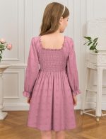 ⁦SEAUR Girls School Dress Long Sleeve Square Neck A Line Casual Dress Swiss Dot Smocked Elastic Cuffs Flowy Party Daily Wear Winter Fall 3-14 Years⁩ - الصورة ⁦4⁩