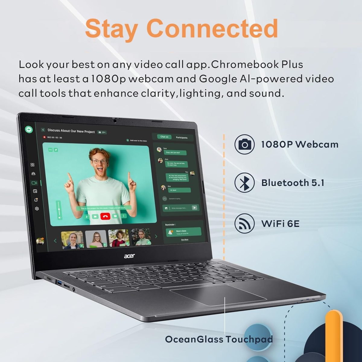 ⁦Acer Chromebook Plus 514 Touchscreen Laptop (14" FHD, Intel 8-Core i3-N305, 8GB RAM, 512GB SSD, 2TB Cloud Storage) Business, Company, Students, 11⁩ - الصورة ⁦3⁩