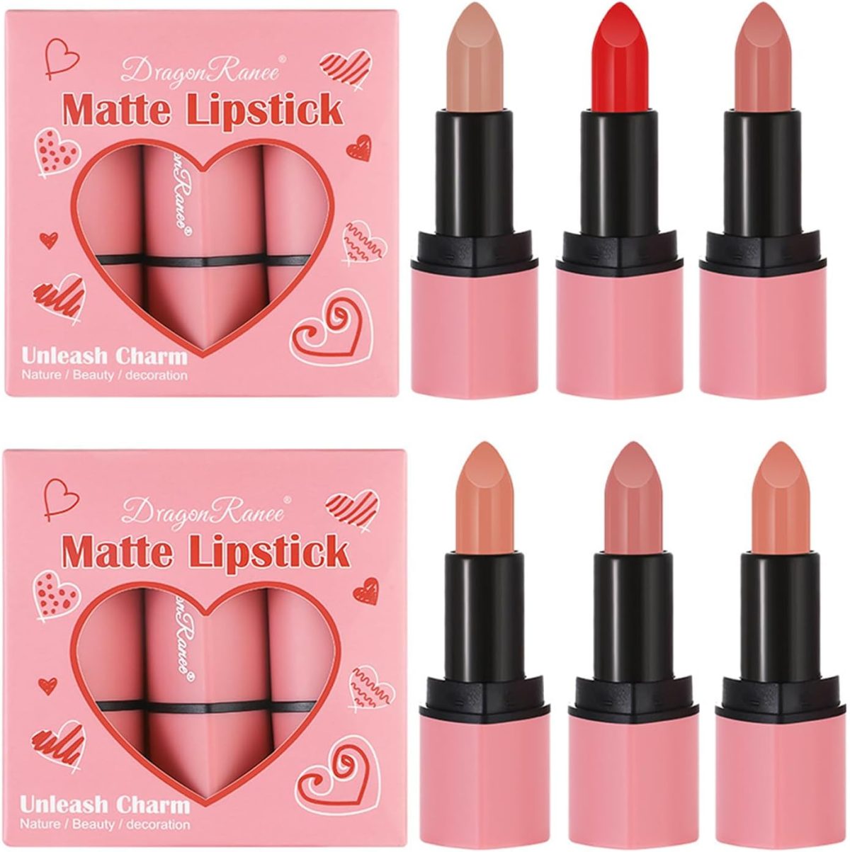 CHSEEO 6 Pcs love Heart Velvet Matte Lipstick Set, Mini Capsule Waterproof Long-Lasting Non-stick Cup Mini Lipstick Kit, Make Up Cosmetics Lip Gloss Gift Kit for Girls Women, Travel Size #1