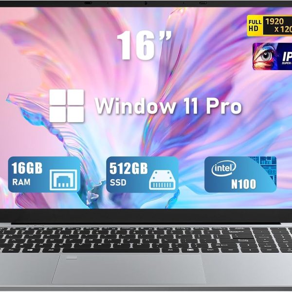 FUNYET Gaming Laptop | 16 Inch FHD Display (1920 x 1200) | 12th N100 Laptop Computer | 16GB RAM 512GB SSD | Supports 180 Angle Opening | Bluetooth | Backlit Keyboard | Windows 11 Pro.