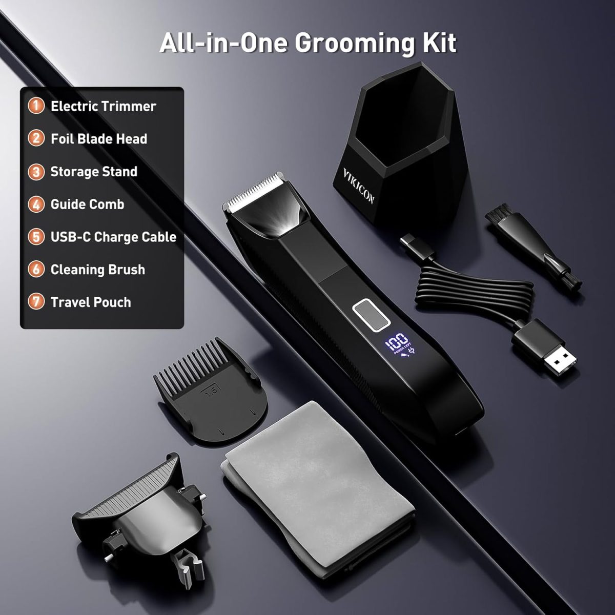 ⁦VIKICON 2-in-1 Manscape Trimmer & Shavers for Men: No-Nick Full Body Electric Razor for Pubic, Balls, Back Hair w/Dual-Head Trimmer & Foil Blades - Waterproof Groomer Kit w/Light, Travel Lock & Pouch⁩ - الصورة ⁦8⁩