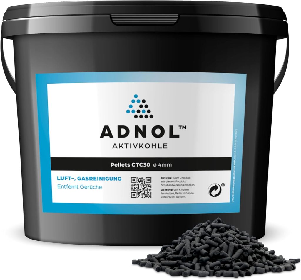 ADNOL® Activated carbon pellets 3 litres made of hard coal for air purification and gas cleaning e.g. for cooker hoods, CTC30, diameter 4 mm, energy class A, can be used as a carbon filter