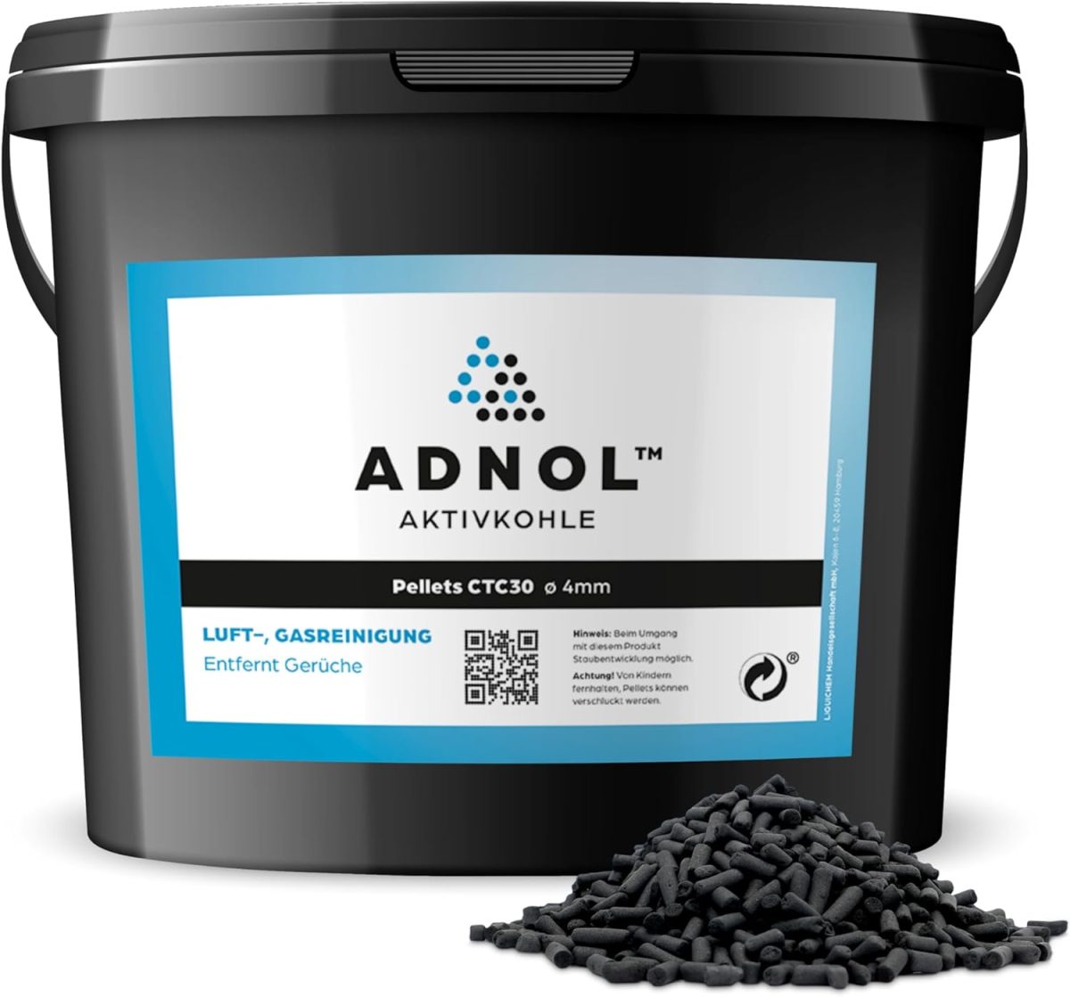 ADNOL® Activated carbon pellets 3 litres made of hard coal for air purification and gas cleaning e.g. for cooker hoods, CTC30, diameter 4 mm, energy class A, can be used as a carbon filter