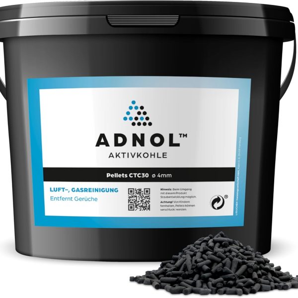 ADNOL® Activated carbon pellets 3 litres made of hard coal for air purification and gas cleaning e.g. for cooker hoods, CTC30, diameter 4 mm, energy class A, can be used as a carbon filter