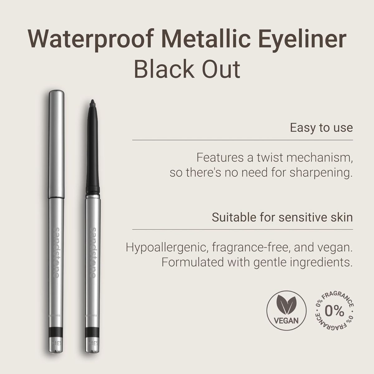 ⁦Sandstone Scandinavia Black Hypoallergenic Eyeliner Waterproof - Unscented Metallic Black Eye liner - Vegan & Cruelty Free Eye Pencil - Colored Eyeliners for Sensitive Eyes - Black Eyeliner Pencils⁩ - الصورة ⁦8⁩