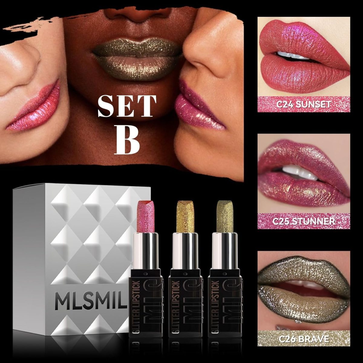 ⁦3 Colors Diamond Shimmer Metallic Lipstick Set, Velvet Glow Long Lasting Lipstick with High Pigment & Moisturizing Formula, Non-Stick Cup Waterproof Glitter Lip Gloss, Gift for Women⁩ - الصورة ⁦2⁩