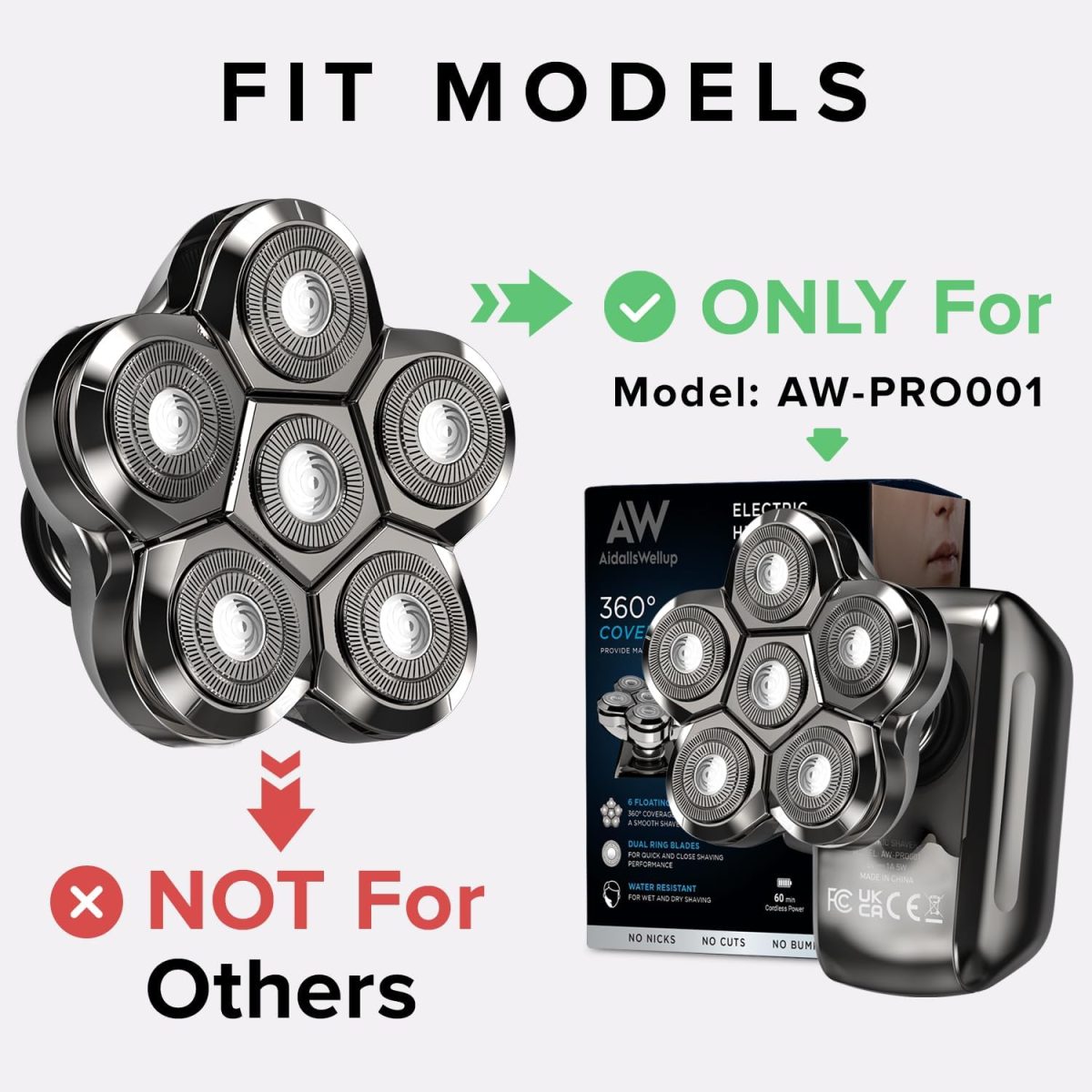 ⁦AidallsWellup 6D Blade Refills, 𝐎𝐍𝐋𝐘 𝐟𝐨𝐫 𝐌𝐨𝐝𝐞𝐥: 𝐀𝐖-𝐏𝐑𝐎𝟎𝟎𝟏, for AidallsWellup Electric Head Shaver for Bald Men⁩ - الصورة ⁦2⁩