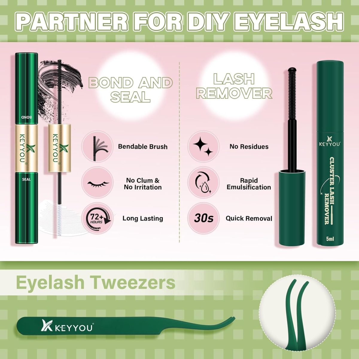 ⁦KEYYOU Fairy Lash Clusters Kit Manga Lash Extension Kit D Curl KEYYOU 144Pcs Eyelash Extension Wispy Natural Invisible Band Lash with Waterproof at Home(Fairy Kit-D-8-16MIX)⁩ - الصورة ⁦6⁩