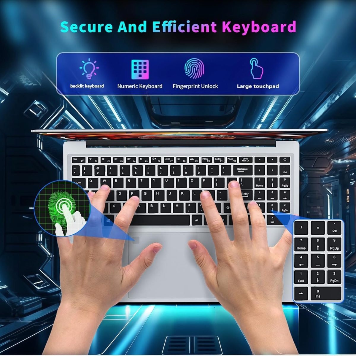 ⁦16 Inch Gaming Laptop, Laptops Celeron N100 (up to 3.4GHZ) Wind 11 Pro Laptop Gamer 16GB 1TB SSD,Traditional Laptops Full HD 1920x1200 Display, Fingerprint Unlocking Backlit Keyboard Netbook⁩ - الصورة ⁦4⁩