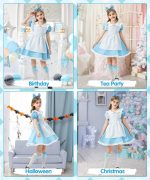 ⁦BIQIQI Princess Costumes for Girls, Blue Princess Dress Fancy Dress with White Apron and Headband, Girls Dressing Up Costumes, Halloween Birthday Party Cosplay Outfit for Kid,Size 130cm-150cm⁩ - الصورة ⁦8⁩