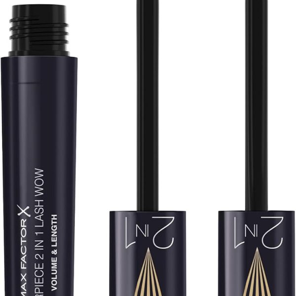 Max Factor Masterpiece 2-in-1 Lash Wow Mascara, Lengthening and Volumising, Twist-to-Transform Brush, Ultra-Intense Black, High Shine Finish, No Flakes, Vegan Formula, 003, Midnight Black, 7ml (0.2oz)