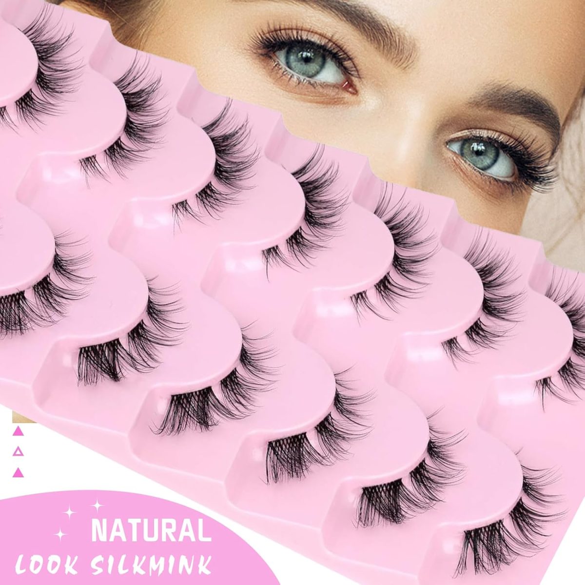 ⁦Hushlibaby 7 Pairs False Lashes Clear Band Faux Mink Lashes Fluffy Wispy Strip Eyelashes Cat Eye 15mm Natural D Curl Fake Eyelashes Pack⁩ - الصورة ⁦6⁩