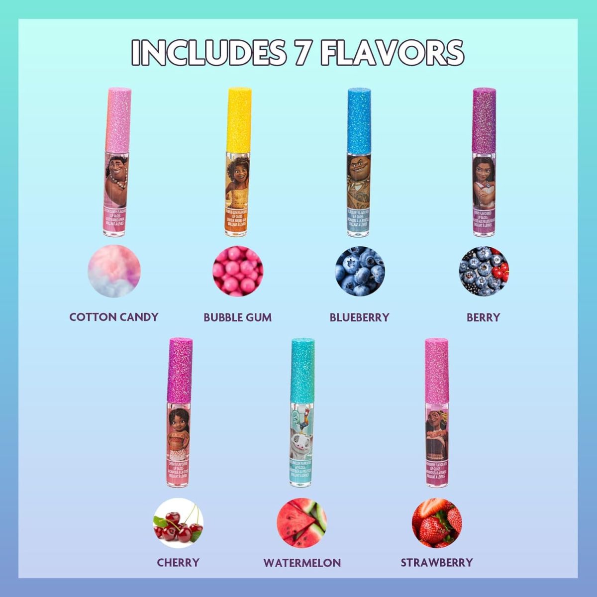 ⁦Disney Moana 7 Piece Plant Based Lip Gloss, Girls Party Favors, First Makeup Set for Girl, Perfect for Parties, Sleepovers, and Birthday Gifts, Ages 3+, by Townley Girl⁩ - الصورة ⁦2⁩