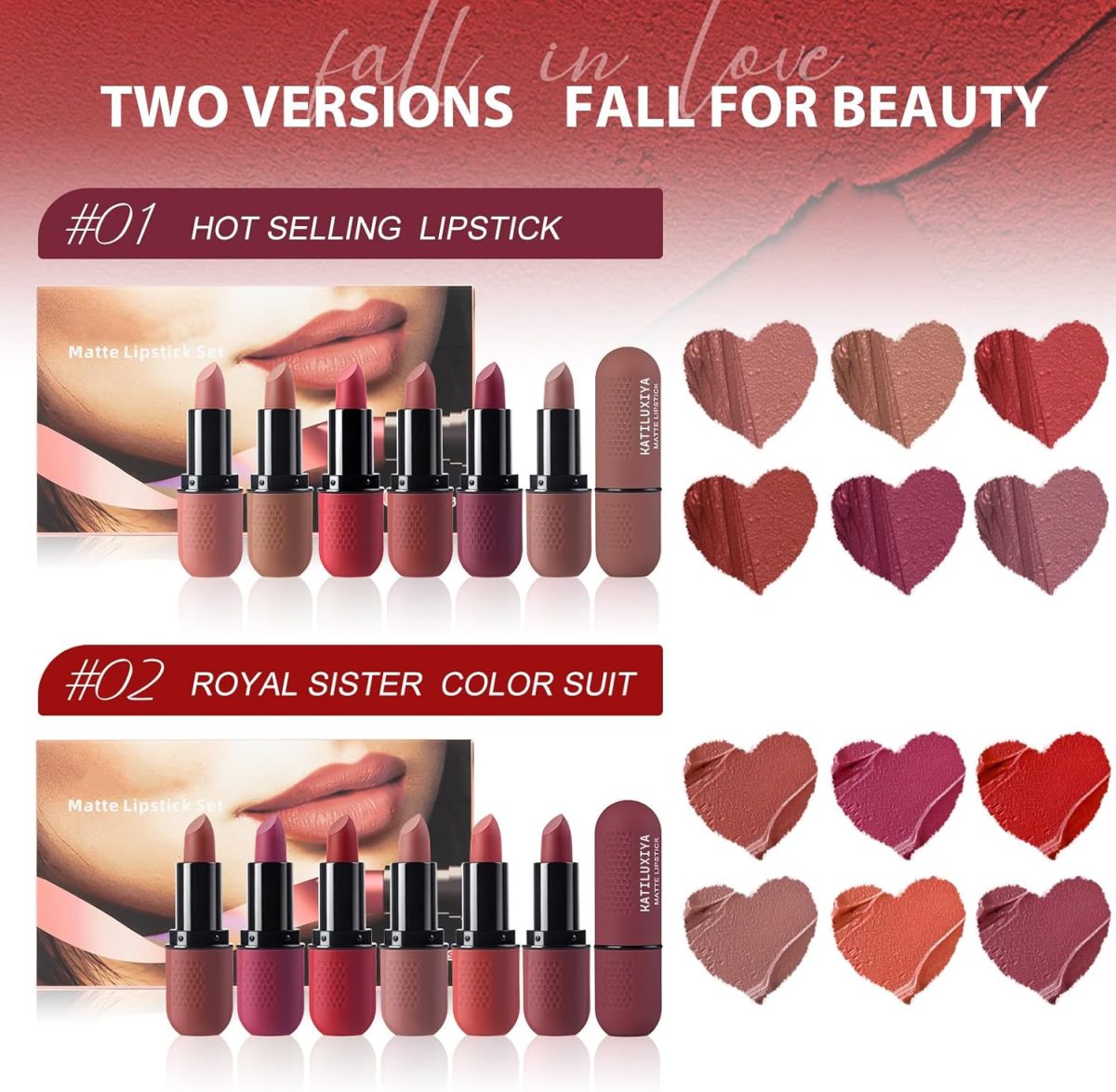 ⁦Katiluxiya 6Pcs Red Velvet Matte Lipstick Set, High Pigmented Long-Lasting Waterproof Lip Stick Lip,Moisturizing balms, Sheer tint, Shine & Glowy Finish,Stain Makeup Gift Sets. (02, color)⁩ - الصورة ⁦4⁩