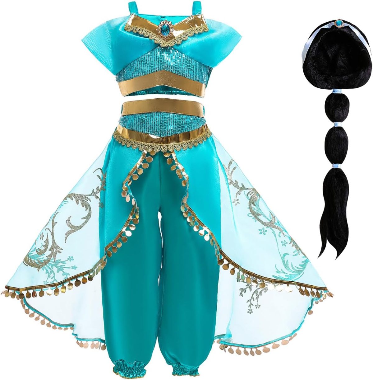 Emin Girls Jasmine Princess Dresses Aladdin Princess Costume with Wig for Children Birthday Party Cosplay Halloween Christmas Carnival Dress Up