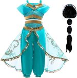 Emin Girls Jasmine Princess Dresses Aladdin Princess Costume with Wig for Children Birthday Party Cosplay Halloween Christmas Carnival Dress Up