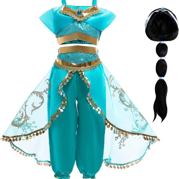 Emin Girls Jasmine Princess Dresses Aladdin Princess Costume with Wig for Children Birthday Party Cosplay Halloween Christmas Carnival Dress Up