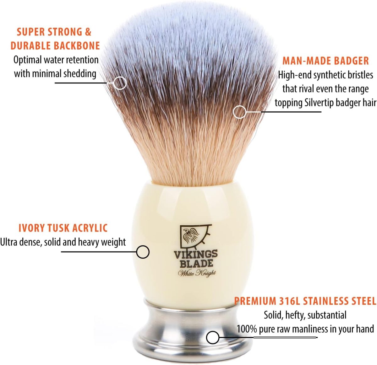 ⁦VIKINGS BLADE 'White Knight' Luxury Shaving Brush, Heavy Steel Base + Faux Ivory Acrylic⁩ - الصورة ⁦2⁩