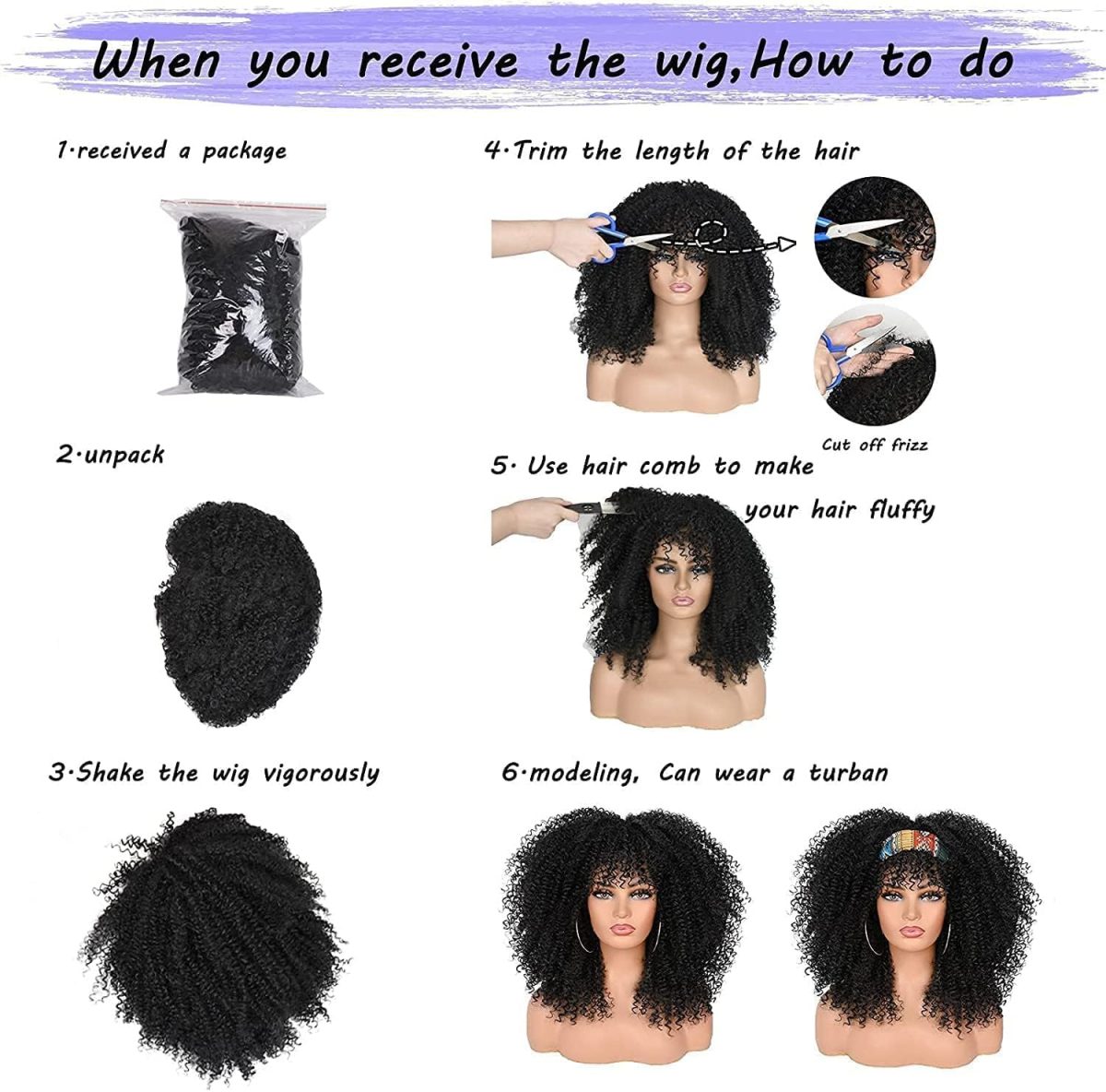 ⁦X spring Short Curly Afro Wigs, 14 Inch Synthetic Hair Wig with Bangs, Natural Looking Afro Wig for Daily Wear and Cosplay, Heat Resistant Curly Full Wig for Black Women⁩ - الصورة ⁦4⁩