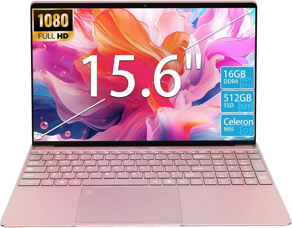 15.6" Laptop Computer, N95 Processor (4C4T, 1.7-3.4GHz) Gaming Laptop 16GB RAM 512GB PCIe SSD, FHD Display, Backlit Keyboard, Fingerprint Unlock, Students Business Laptop PC Win11 Pro OS,Rose Gold
