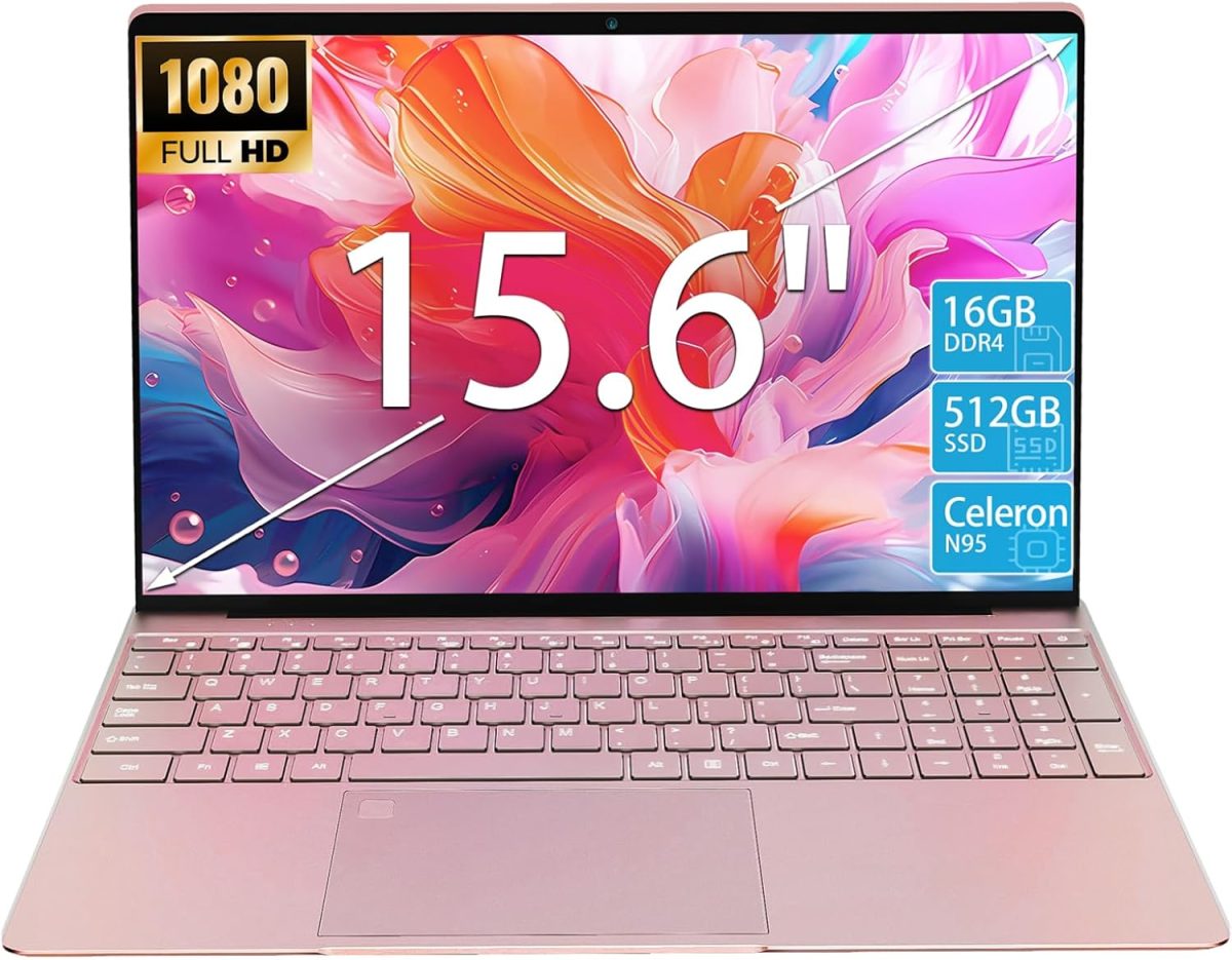 15.6" Laptop Computer, N95 Processor (4C4T, 1.7-3.4GHz) Gaming Laptop 16GB RAM 512GB PCIe SSD, FHD Display, Backlit Keyboard, Fingerprint Unlock, Students Business Laptop PC Win11 Pro OS,Rose Gold