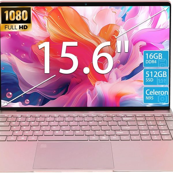 15.6" Laptop Computer, N95 Processor (4C4T, 1.7-3.4GHz) Gaming Laptop 16GB RAM 512GB PCIe SSD, FHD Display, Backlit Keyboard, Fingerprint Unlock, Students Business Laptop PC Win11 Pro OS,Rose Gold
