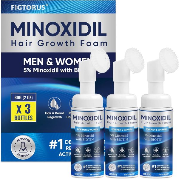 FIGTORUS 5% Minoxidil Foam, Unisex Adult, Blue, Unscented, 3 Pack, Hair and Beard Growth, 6 Gram