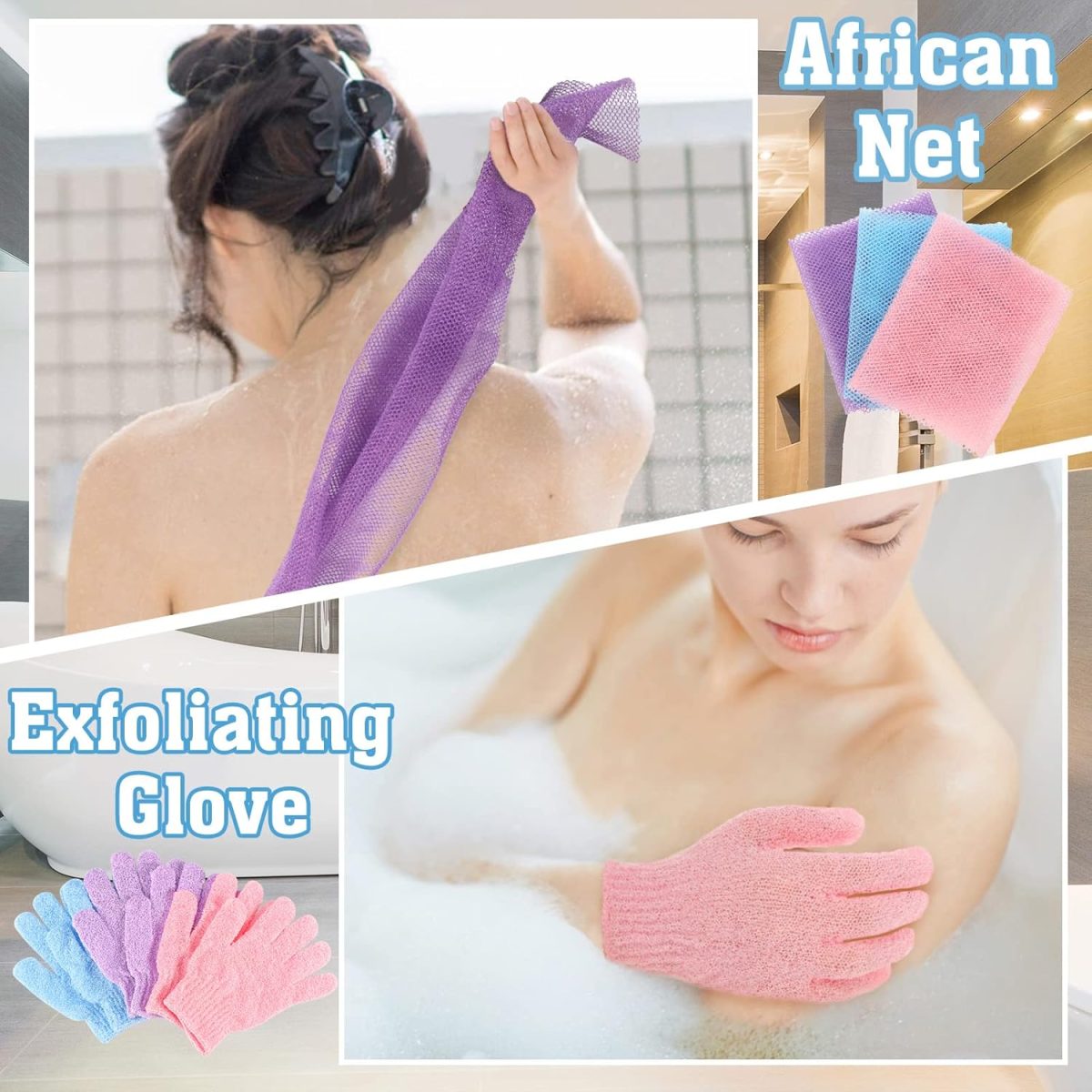 ⁦WSICSE 6 Pack African Net Sponge Exfoliating Glove Set, 3 Bath Sponge Body Scrubber Back Scrubber and 3 Pairs Exfoliating Gloves for Skin Smoother⁩ - الصورة ⁦5⁩