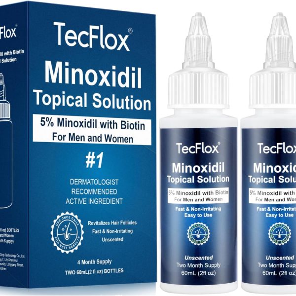 5% Minoxidil for Men & Women Hair with Biotin, Minoxidil for Men Beard,Tecflox Minoxidil Beard Growth Oil, Minoxidil Hair Growth Serum, 2-Pack, Total 4fl oz for 4 Months, Hair Growth Oil Unisex