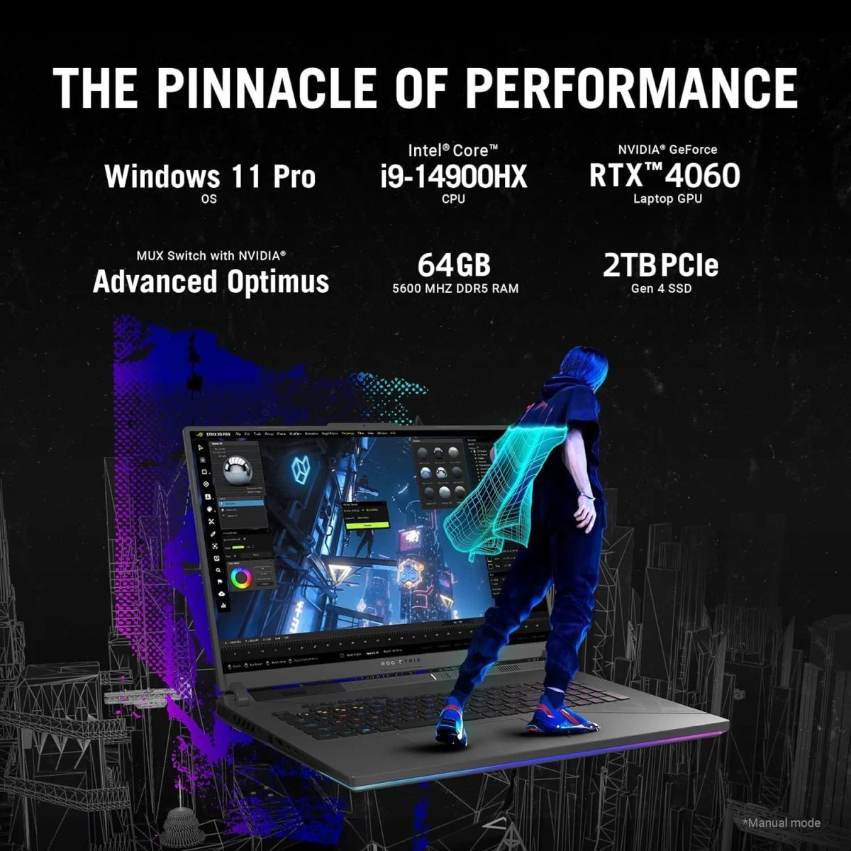 ⁦ASUS ROG Strix G18 Gaming Laptop, Intel 24-Core i9-14900HX, Office 2024 Lifetime License, 64 GB DDR5, 2 TB SSD, 18" 2.5K 240Hz QHD, Backlit KB, GeForce RTX 4060, WiFi 6E, Win 11 Pro, Patented Mouse⁩ - الصورة ⁦2⁩