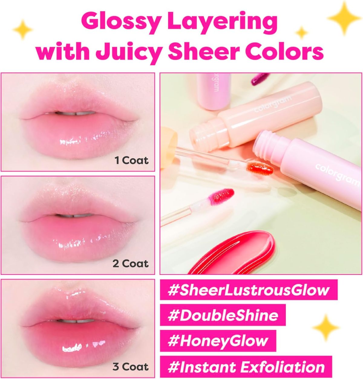 ⁦COLORGRAM FRUITY GLASS GLOSS 03 GIGGLE STRAWBERRY | Non-Sticky Glossy Lip Tint with Glass-Like Shine | Long-Lasting Hydrating Lip Gloss for Smooth & Plump Lips⁩ - الصورة ⁦6⁩