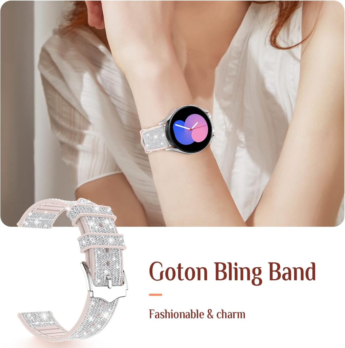 ⁦Goton Bling Silicone Band for Samsung Galaxy Watch 6 Band 40mm 44mm/Galaxy Watch 6 Classic Band 43mm 47mm/Galaxy Watch 5 & 4 Band 40mm 44mm, 20mm Women Glitter Wristband Accessories⁩ - الصورة ⁦6⁩