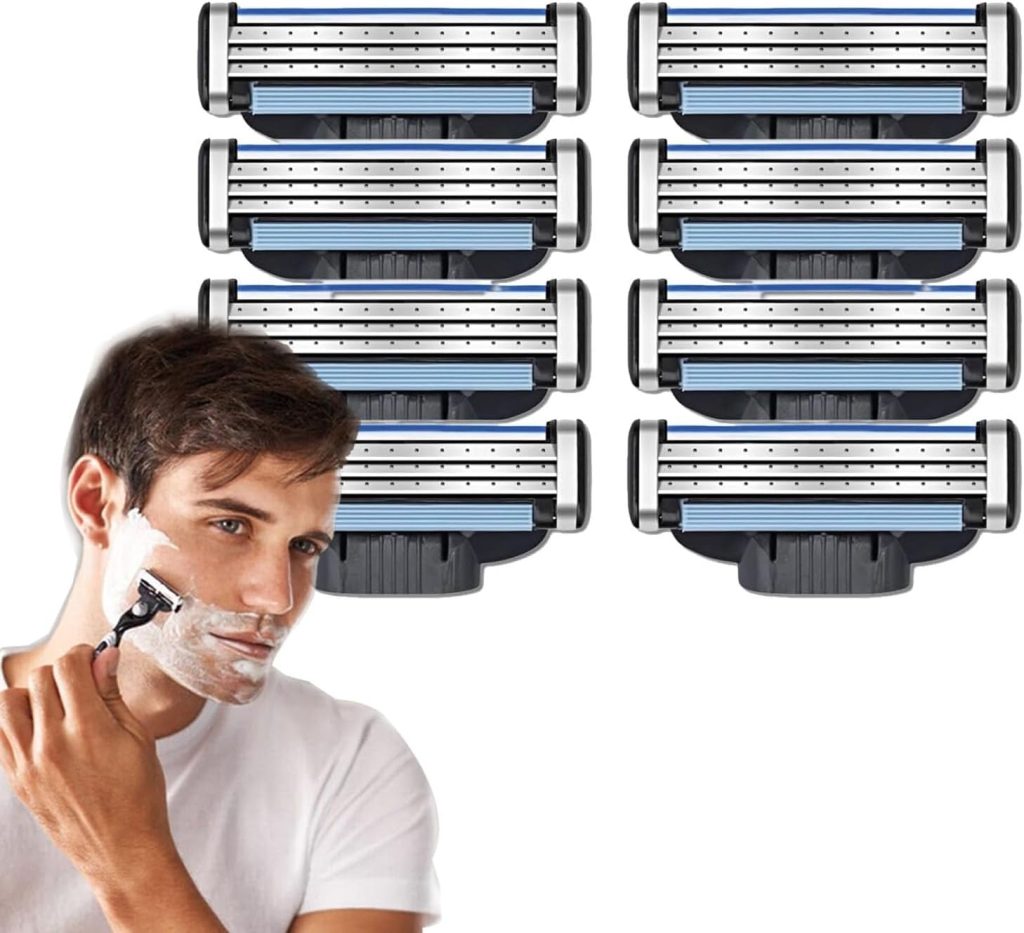 YHRY Razor Blades Refills, Razor Blades for Men Blades Shaving Compatible with Gillette Mach 3, 3 Layer Face Razors Blades with Double Lubrication Strip for Men Father Boyfriend Home Office Use（8 Pcs）