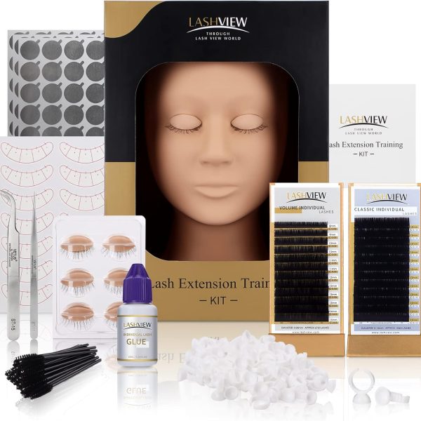 LASHVIEW Eyelash Extension Kit,Professional Eyelash Mannequin Head Kit with 4pc Removable Eyelids, Lash Kit for Eyelash Extensions Beginners,Training Makeup and Eyelash Graft