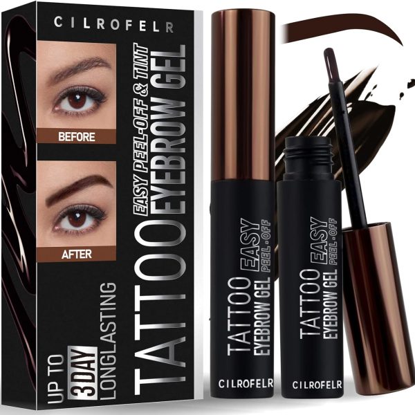 Cilrofelr Tattoo Peel Off Eyebrow Gel Tint, Semi Permanent Tattoo Brow Peel Off Tint Gel, Last Up to 3 Days, Waterproof, Transfer-proof, For Fuller & Defined Looking Brows, Dark Brown (2 Pack)