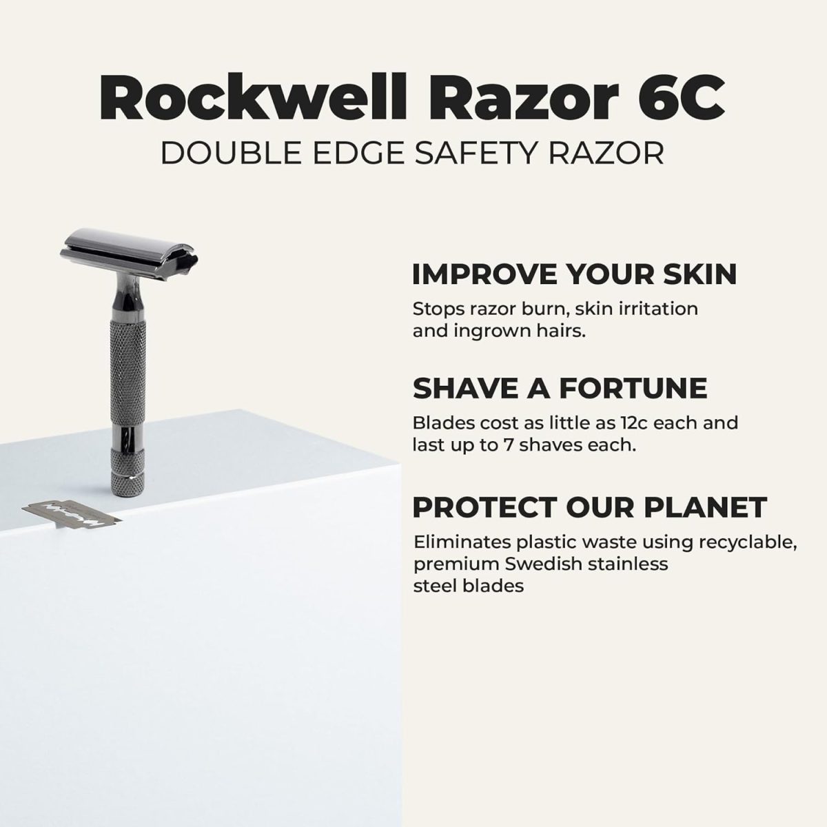 ⁦ROCKWELL RAZORS 6C Gunmetal Chrome Double-Edge Safety Razor with 6 Adjustable Shave Settings and 5 Blades⁩ - الصورة ⁦4⁩