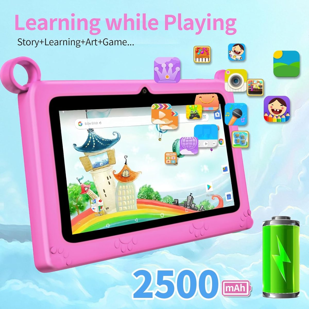 ⁦7 inch Kids Tablet, Quad Core Android 12 2GB 32GB, Parental Control, Eye Protection, Shockproof Case, Dual Camera, WiFi, Bluetooth, Learning Tablet for Kids - K2 (Pink)⁩ - الصورة ⁦8⁩
