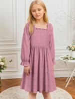 ⁦SEAUR Girls School Dress Long Sleeve Square Neck A Line Casual Dress Swiss Dot Smocked Elastic Cuffs Flowy Party Daily Wear Winter Fall 3-14 Years⁩ - الصورة ⁦3⁩