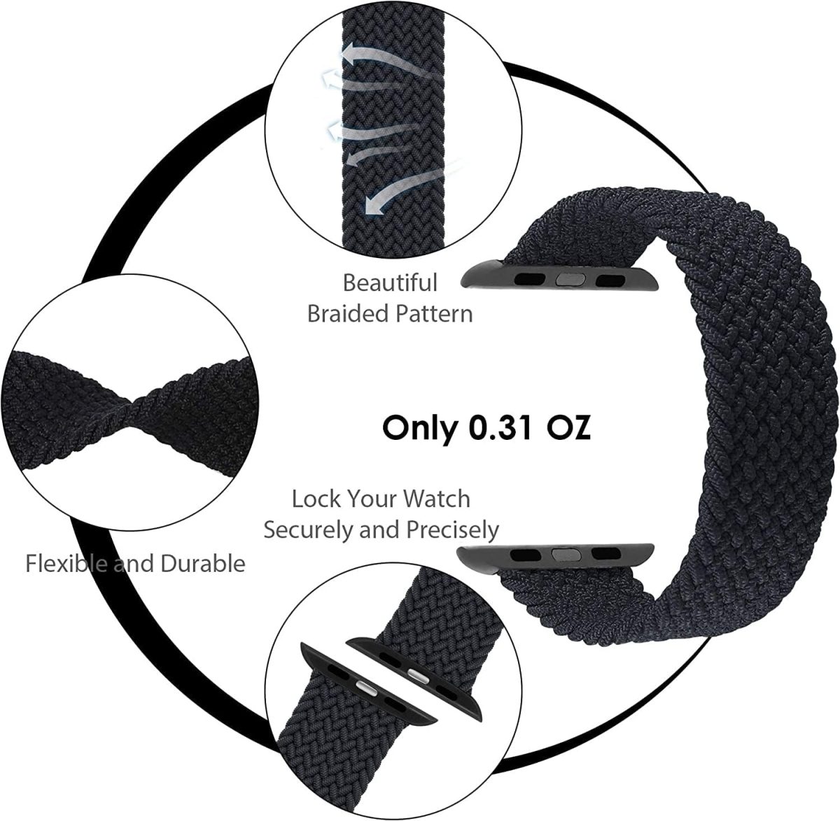 ⁦Dado Braided Solo Loop Nylon Strap for Apple Watch, Elastic Bracelet for Series Ultra 2 | 9 | 8 Ultra | 8 | 7 | 6 | 5 | 4 | 3 | SE with metal connectors⁩ - الصورة ⁦3⁩