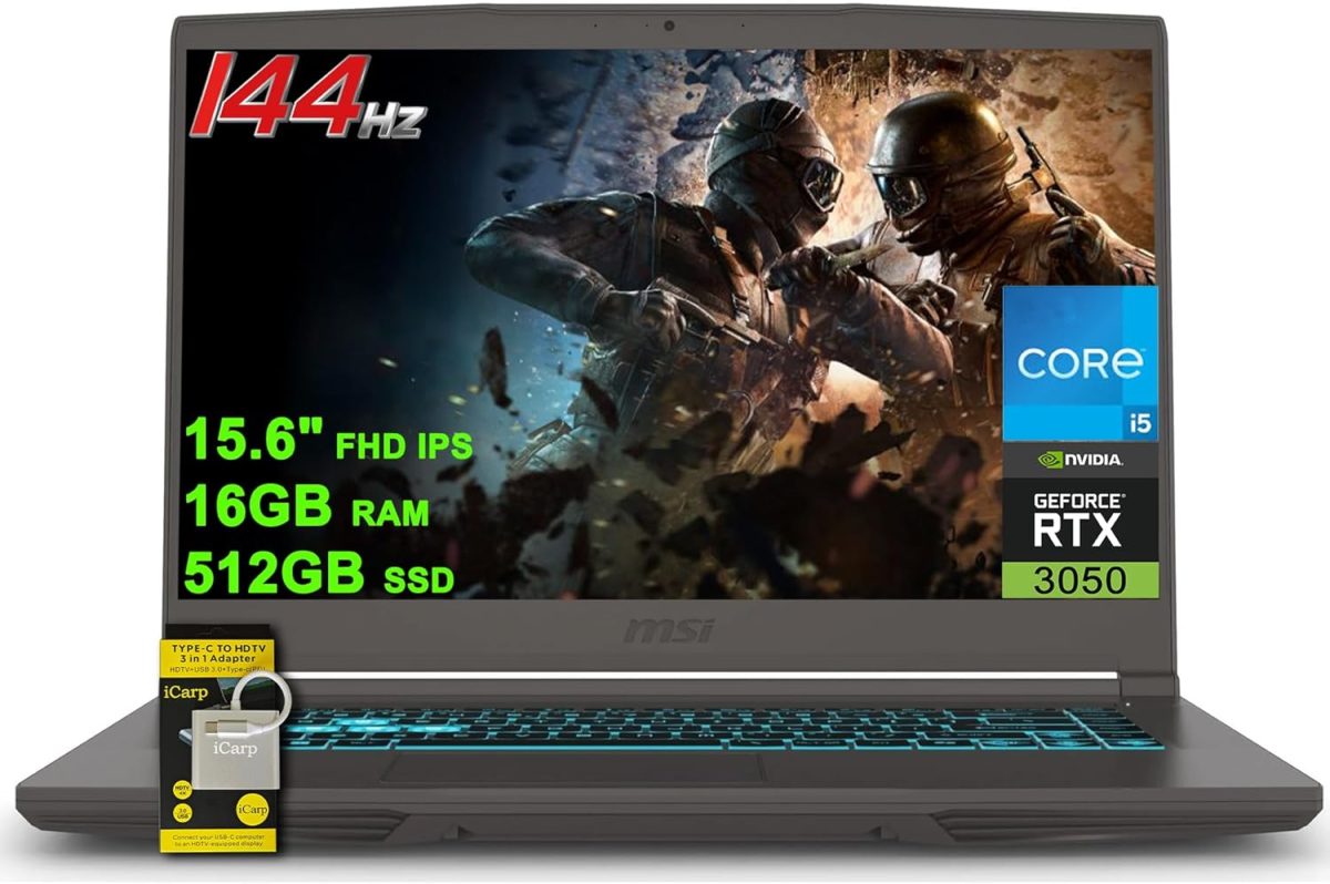 MSI Thin 15 Gaming Laptop 15.6" FHD IPS 144Hz Intel 8-core i5-13420H (Beats i7-11800H) 16GB RAM 512GB SSD NVIDIA GeForce RTX 3050 Backlit USB-C Win11 w/ICP Hub