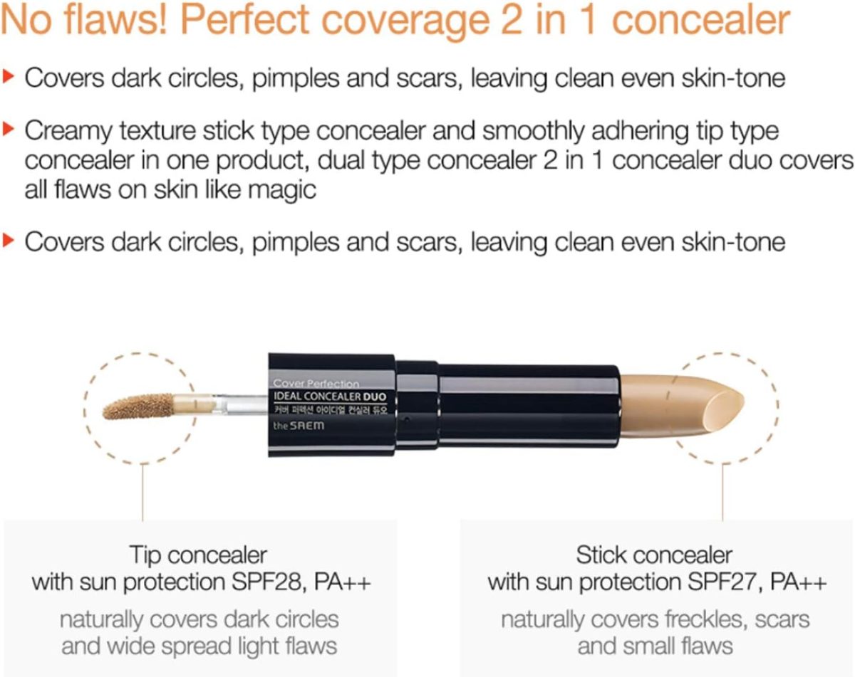 ⁦THE SAEM Cover Perfection Ideal Concealer Duo (#2 Rich Beige) | Dual Type Full Coverage Concealer, High Adherence High Pigmented, No Clumping in Wrinkles, Crease-Proof Concealer⁩ - الصورة ⁦3⁩
