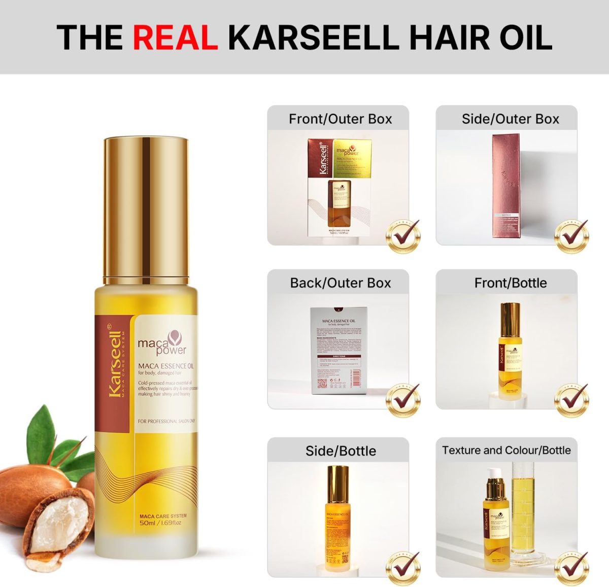 ⁦Karseell Moroccan Argan Oil for Hair Healing Cold Pressed Weightless Argan Oil Hair Serum for Dry Damaged Hair 50ml⁩ - الصورة ⁦2⁩
