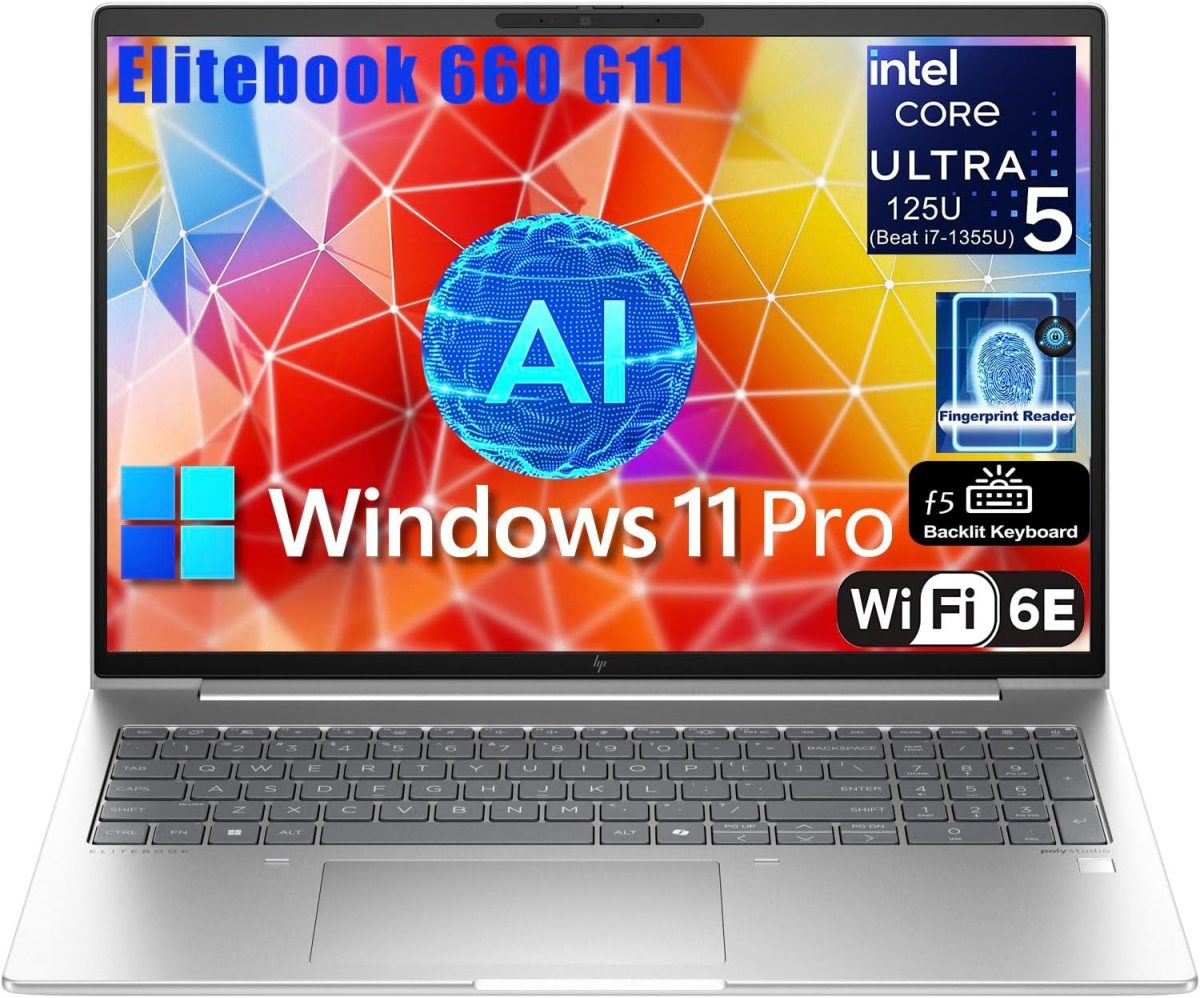HP Elitebook 660 G11 Business Laptop, 16" FHD+ Computer, 12-Core Intel Ultra 5 125U (Beat i7-1355U), 16GB DDR5 RAM, 512GB PCIe SSD, WiFi 6E, Backlit KB, Fingerprint Reader, Windows 11 Pro, Befectoy